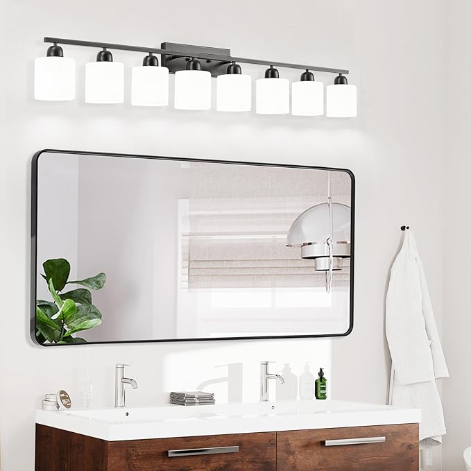 8 Light Black Bathroom Light Fixtures Over Mirror for Big Mirror, Modern Bathroom Lighting with Milky White Frosted Glass Shades,51 inch Lights for Vanity for Mirrors, E26