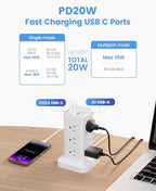 15-in-1 Power Strip Tower with Surge Protector 1800J, Fast Charging Tower PD20W USB-C Ports with 12 AC Outlets, 9.8ft Extension Cord for Home Office Dorm Room, White