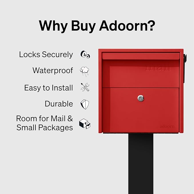 Adoorn Lockable Post Mount Mailbox | Small (Red), Size 12 x 12 x 18.5 (HxWxD) Anti-Theft Locking Mailbox with 2 Keys, Modern Mailbox with Flag, Weatherproof Mailboxes for Outside