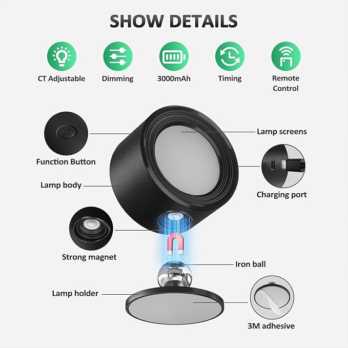 LED Wall Lights, Wall Lamp 3 Color Temperatures & Dimmable Magnetic 360° Rotation with Remote, Wall Sconces 2 Pcs with 3000mAh Rechargeable Battery, Cordless Wall Light for Reading Bedside Hallway