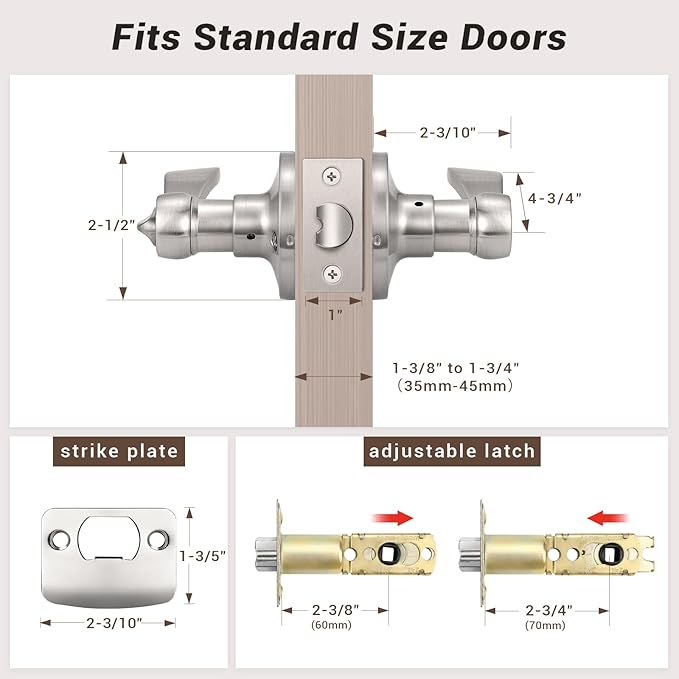 Knobonly 3 Pack Satin Nickel Privacy Door Levers Interior Door Handles for Bedroom and Bathroom Door Knobs Keyless Privacy Door Handles with Lock, Zinc Alloy Reversible for Right/Left