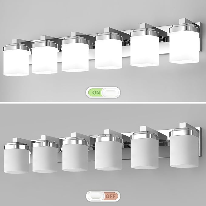 6-Light Bathroom Light Fixtures, Chrome Vanity Lights for Bathroom Mirror Lamp with Milky White Square Glass Shade, E26 Base Modern Wall Sconce Kitchen Light Fixtures Led Vanity