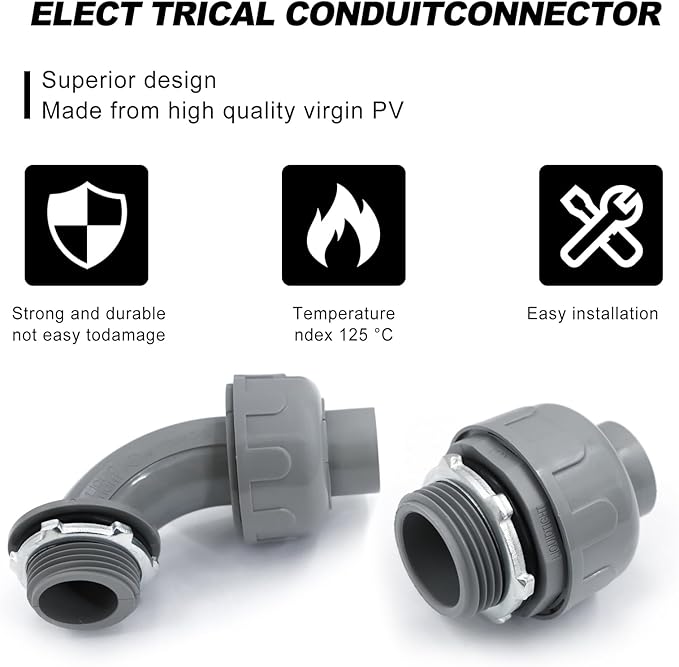 2 inch Liquid Tight Connector PVC Flexible Conduit Connector,180 Degree and 90 Degree UL Listed Liquid Tight Connector, Non-Metallic Electrical Conduit Fittings (6 Pack)