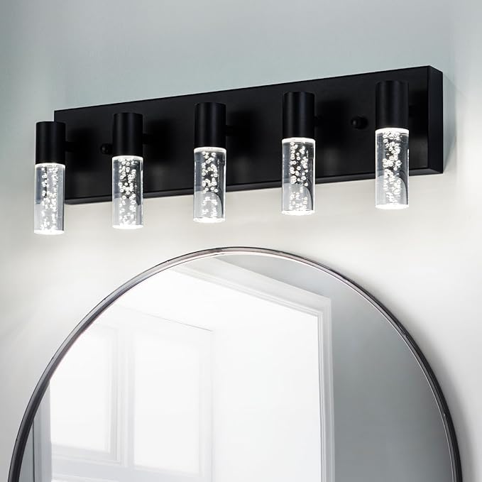 5-Light LED Vanity Light Fixture in Black - Modern Bathroom Lighting, Over Mirror Illumination | Multicolor Temperature 3000K/4000K/6000K | Stylish Bathroom Decor & Energy-Saving 25W Vanity Lighting