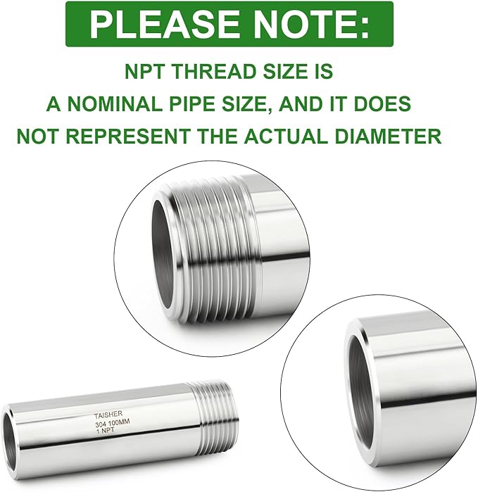 TAISHER 2PCS 304 Stainless Steel Pipe Fittings, 1" NPT Male Threaded, 4" Length Weld Nipple Cast Pipe