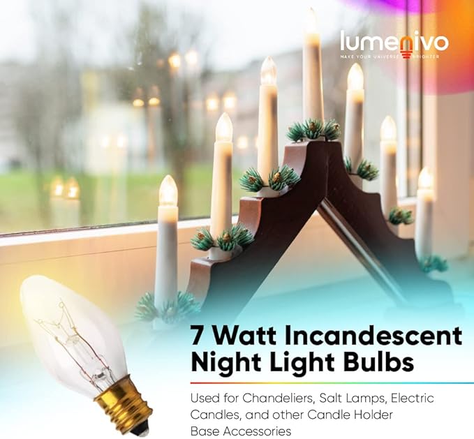 lumenivo 7 Watt Night Light Bulbs for Electric Window Candle Lamps, Salt Lamps, Christmas Villages, and Chandeliers E12 Candelabra Base C7 Light Bulbs - Clear – 120V - 8 Pack