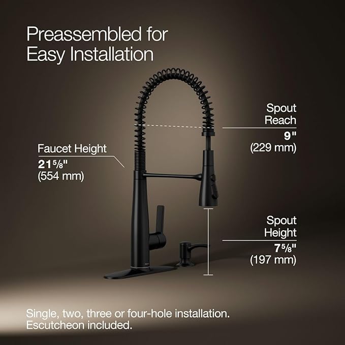 KOHLER K-REC22745-SD-BL Semi-Professional Kitchen Faucet with Soap Dispenser/Lotion Dispenser, Commercial Kitchen Sink Faucet with Pull-Down Sprayhead, Matte Black