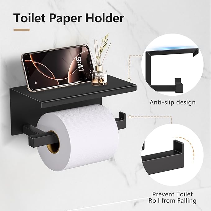 TQKAG 5-Pieces Matte Black Bathroom Hardware Accessories Set 23.6" SUS304 Stainless Steel Towel Bar Set Wall Mounted Square Toilet Paper Holder with Shelf