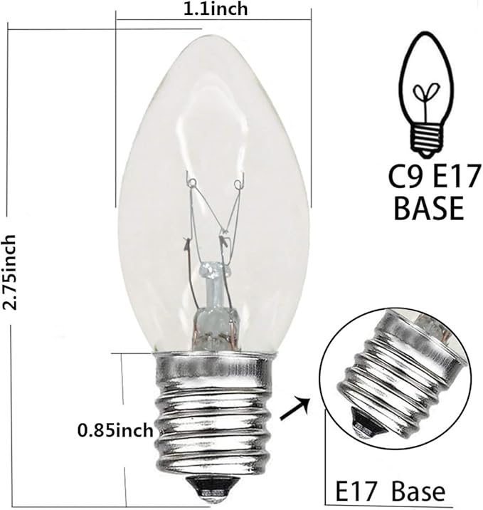 25 Pack C9 Clear Christmas Replacement Bulbs, C9 Christmas Light Bulb for String Lights, E17 Base - 7 Watts