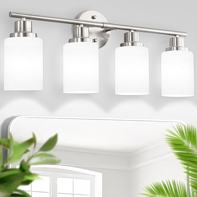 4-Light Brushed Nickel Vanity Lights for Mirror, Bathroom Light Fixtures with Textured Milky White Glass Shade, Modern Kitchen Light Fixtures Wall Sconce Light - E26 Base