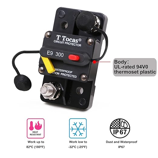 E9 300 Amp Circuit Breaker 12V - 48V DC with Manual Reset | UL Certified Waterproof IP67 | Surface Mount Switch Button with LED Indication 300A 3/8" Studs