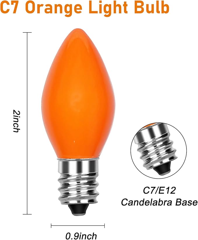Abeja 25 Pack C7 Halloween Replacement Light Bulbs, Orange Ceramic Christmas Lights C7/E12 Candelabra Bulb for Indoor Outdoor Christmas Halloween String Light Bulbs Replacement, 5W