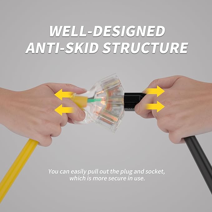 100 FT 12/3 Gauge Outdoor Extension Cord with Multiple Outlets Light Indicator, Flexible 3 Outlet Weatherproof Heavy Duty Extension Cord Waterproof Yellow, 15A 1875W 12AWG SJTW, ETL Listed