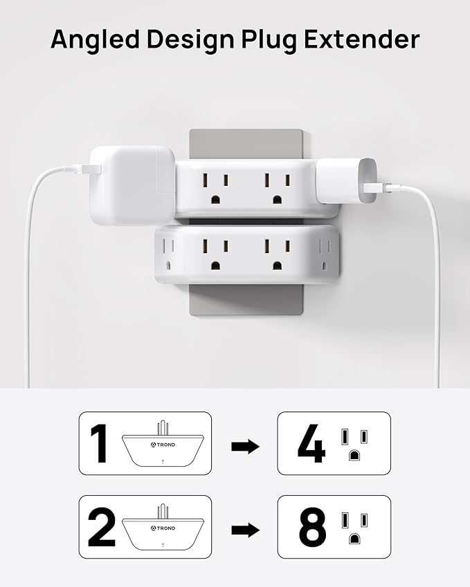 TROND Multi Plug Outlet Extender 2 Pack - Surge Protector Outlet with 4 Grounded Sockets, 3 Way Angled Plug Splitter, 900J, Multiple Wall Adapter for Home Office Travel Dorm Room, White