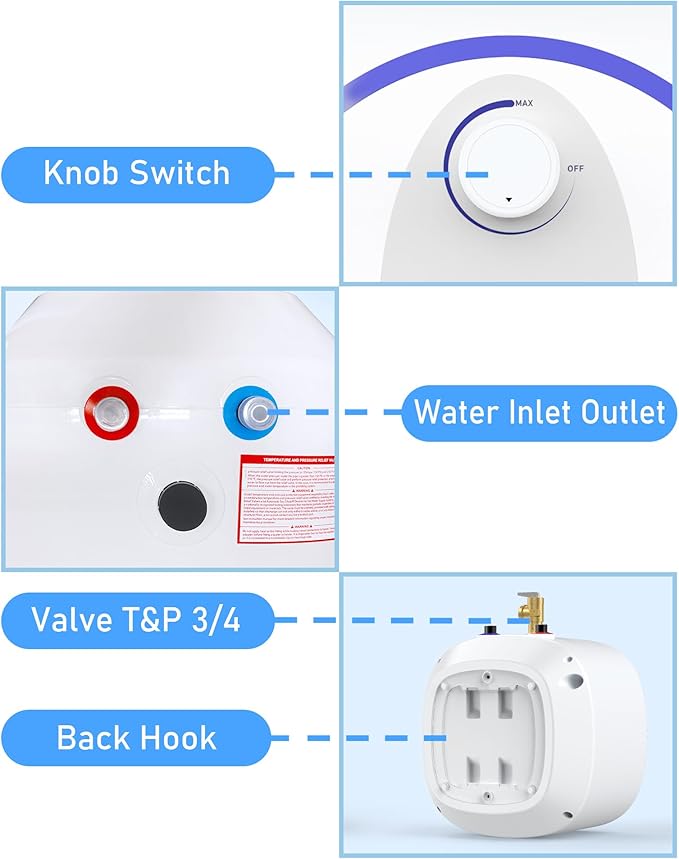 Electric Mini Tank Water Heater, 4-Gallon Instant Hot Water Heater, 120V 1440W, Rapid Heating, Easy to Install, Under Sink, Floor Mounted, Kitchen, Bathroom and RV