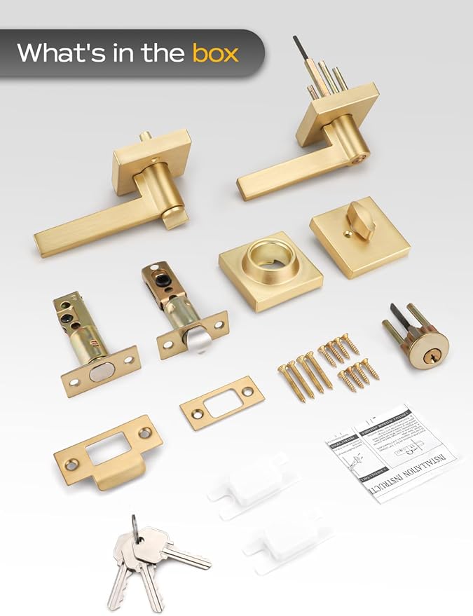 3 Sets Entry Door Handle and Single Cylinder Deadbolt Lock and Key Combo Pack - Heavy Duty Square Locking Lever Set - Interior/Exterior Door Levers in Satin Brass Finish