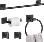 5 Pieces Bathroom Hardware Set Matte Black Towel Bar Set Includes 23.6” Towel Bar, Towel Ring Holder, Toilet Paper Holder and Two Towel Hooks, Bathroom Accessories Set SUS304 Wall Mounted