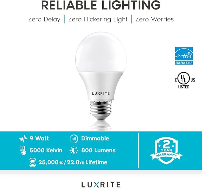 LUXRITE A19 LED Bulb 60W Equivalent, 5000K Bright White, 800 Lumens, Dimmable Standard LED Light Bulbs 9W, Enclosed Fixture Rated, Energy Star, E26 Medium Base - Indoor and Outdoor (24 Pack)