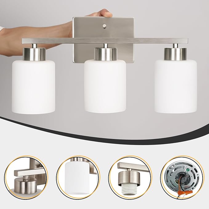 Brushed Nickel Bathroom Light Fixtures, 3-Light Modern Vanity Light Over Mirror, Wall Sconces with Milky White Frosted Glass Shades, E26 Socket (Bulbs Not Included)