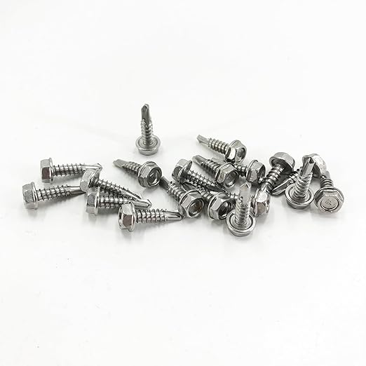 QSJ 110PCS #10 x 3/4'' Sheet Metal Screws 410 Stainless Steel Hex Washer Head Fast Self Tapping Screws with Screwdriver Bit Silver