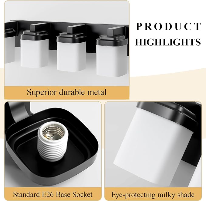 4-Light Black Bathroom Light Fixtures, Vanity Lights for Bathroom Mirror Lamp with Milky White Square Glass Shade, E26 Base Modern Wall Sconce Light Kitchen Light Fixtures Led Vanity