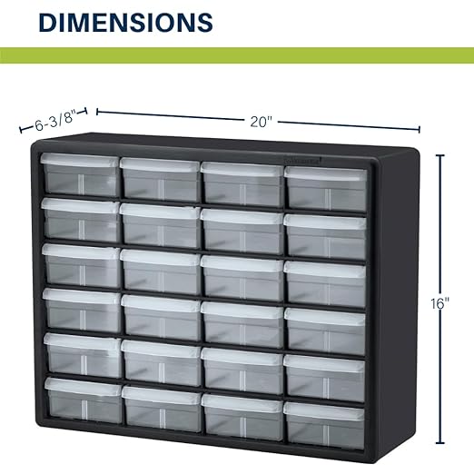 Akro-Mils 24-Drawer Plastic Drawer Storage Cabinet for Garage Organization, Bead Organizer, Building Bricks Storage, Teacher Toolbox, Makeup Organizer, 20-Inch W x 6-Inch D x 16-Inch H, 10124 Black