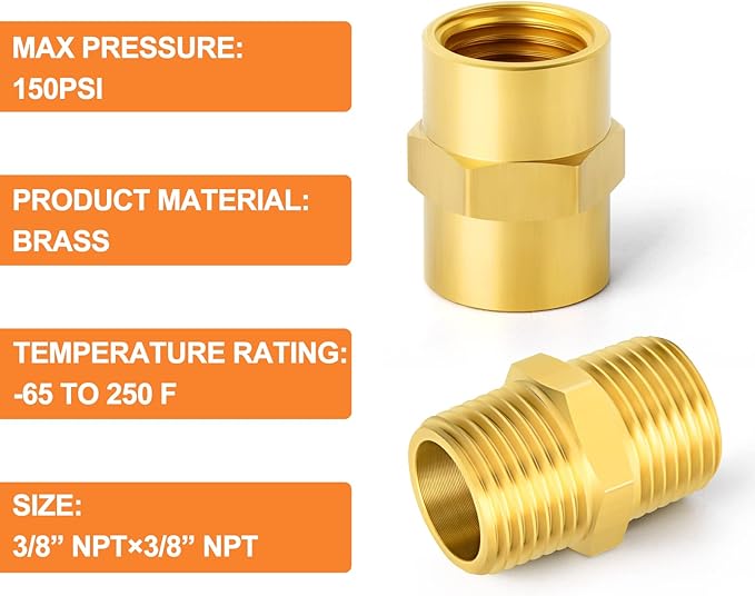 GASHER 4PCS Metals Brass Pipe Fitting, Hex Nipple Brass Hex Coupler, 3/8" x 3/8" NPT Male Thread Pipe, 3/8 Inch x 3/8 Inch NPT Female Thread Pipe