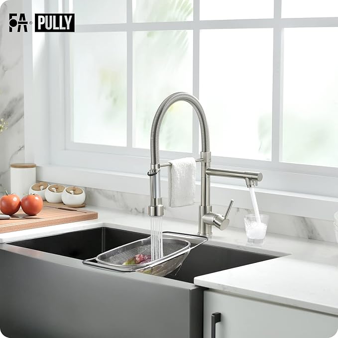 Fapully Pull Down Kitchen Faucet with Lock Sprayer,Single Handle Spring Stainless Steel Kitchen Sink Faucet Brushed Nickel