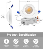 Adetu 4 inch Gimbal Led Recessed Lights, 360°+90° Adjustable Directional Recessed Lighting, 2700K/3000K/3500K/4000K/5000K Dimmable Retrofit Eyeball Can Lights with Jbox,ETL(White,12 Pack)