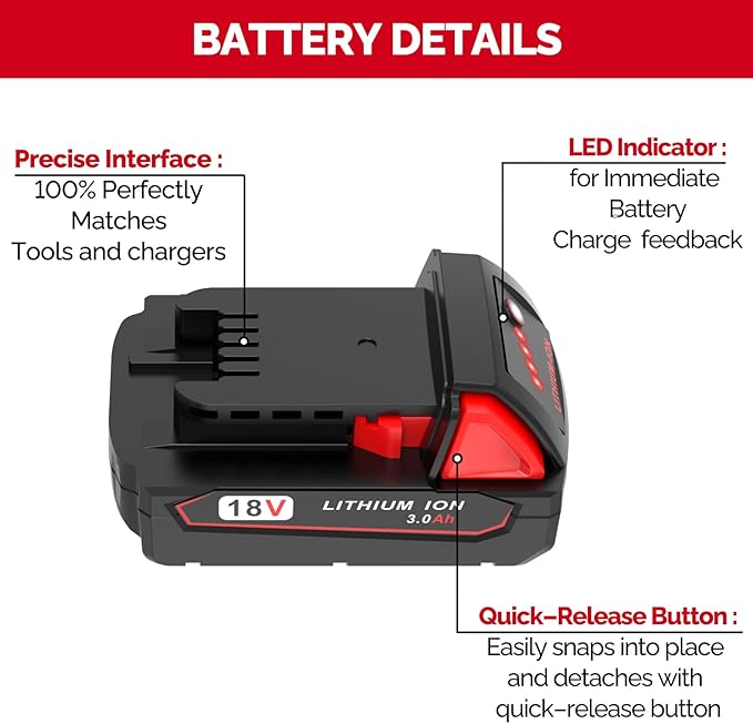 3.0Ah Replacement Battery for Milwaukee M18 Battery 48-11-1850 48-11-1852 48-11-1830, Compatible with Milwaukee 18V Battery Cordless Power Tools