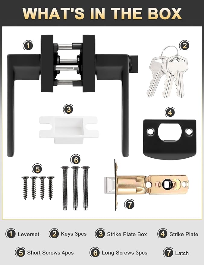 4 Pack Entry Door Levers with Lock and Key, Matte Black Keyed Alike Lockset Combo Pack, Entrance Door Handles for Office and Front Door, Door Knobs Lockset (Each with 3 Keys)