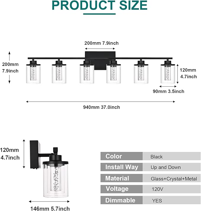 6-Light Bathroom Vanity Lights Over Mirror,Black Bathroom Led Vanity Light,Wall Sconce Light Fixtures with 5CCT6 Dimmable LED&Clear Glass Shade for Bedroom,Living Room,Cabinet Wall Lamp