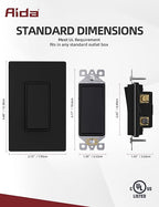 Aida 10 Pack Matte Black 3 Way Light Switch Decorative Square Light Switch, 15Amp, 120/277 Volt, Rocker Paddle, Self-Grounding, Screwless Wall Plate, UL Listed, Black