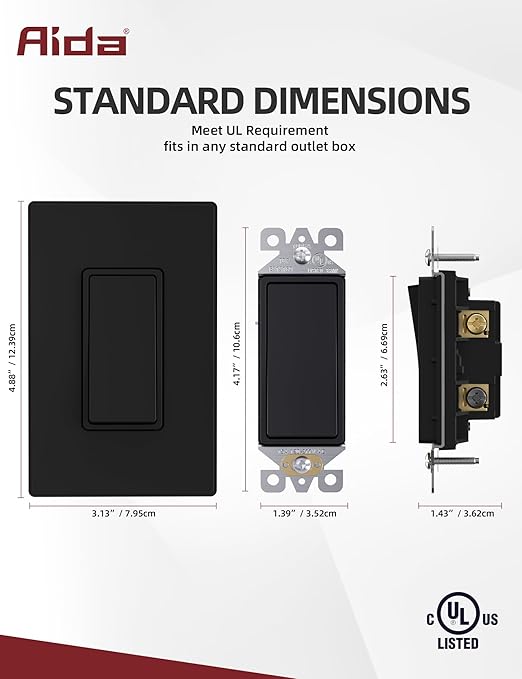 Aida 10 Pack Matte Black 3 Way Light Switch Decorative Square Light Switch, 15Amp, 120/277 Volt, Rocker Paddle, Self-Grounding, Screwless Wall Plate, UL Listed, Black