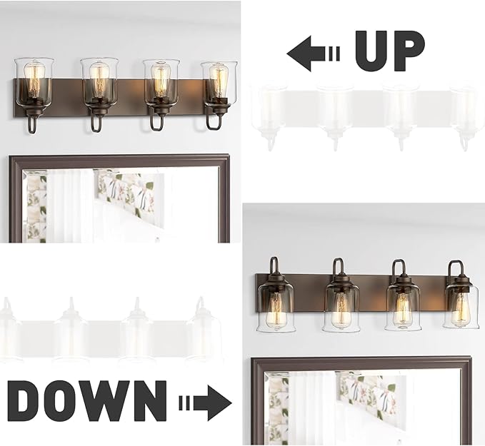 zeyu 28.5" Oil Rubbed Bronze Bathroom Light Fixtures, 4-Light Farmhouse Vanity Wall Lights with Clear Glass Shade, ZSL72B-4W ORB