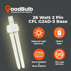 GoodBulb 26 Watt CFL Light Bulbs 2 Pin G24D-3 Base 3000K Warm White 26W High Output 1800 Lumens Double Tube Compact Fluorescent Light Bulbs Plug-in 10 Pack