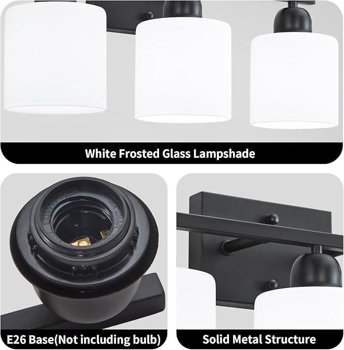 4-Light Black Bathroom Vanity Light, Light Fixtures with Milky White Frosted Glass Shades, Black Vanity Light for Bathroom Mirror, Bedroom, Living Room, Vanity Table, E26 Base
