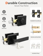 6 Pack Square Keyed Alike Front/Exterior Door Levers with Single Cylinder Deadbolt, Flat Black Entry Door Knob Lock Sets with Deadbolt Combination Sets, for Entrance/Front and Office Doors