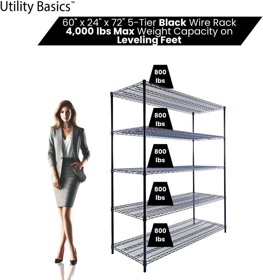 60"x24"x72" Black 5-Tier Premium Metal Wire Shelving NSF 4000 LBS MAX Capacity Heavy Duty Steel Storage Rack for Warehouse, Garage, Hospital, Commercial Space & School w/Premium Wheels