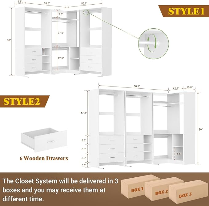 Aheaplus Closet System with 3 Sets, 86.8" Closet Organizer System with 6 Drawers & 4 Hanging Rods, L Shaped Walk-in Closets, Wardrobe Set, Corner Tower, Garment Rack Load 2000+LBS, -X1,White
