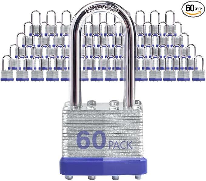 Laminated Steel Padlocks, Keyed Alike - 60 Pack, 1-9/16" Shackle, Brass Cylinder, Metallic, For Hasp Latch, Sheds, Fences, Storage Locker, School, Gym