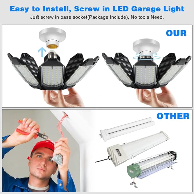 Garage Lights - 40000LM Super Bright Garage Lights Ceiling Led w/ 8 Deformable Panels Compatible for E26/E27 Screw in Socket Garage Lighting Bulb for Barn Basement Shops Attic - 2Pack