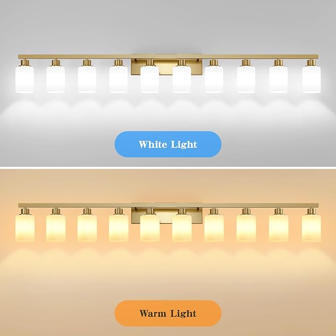 Gold Bathroom Vanity Light,10-Light Brushed Gold Bathroom Light Fixtures with White Frosted Glass,64.5in Wall Lamp Sconces for Mirror Bedroom,Living Room Hallway,E26
