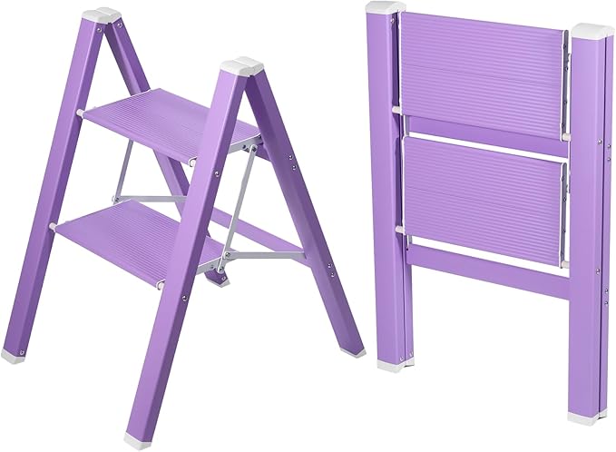 2 Step Lightweight Folding Ladder for Home, 330lbs Aluminum Step Ladder Anti-Slip for Kitchen, Step Stool Foldable Adults for Closet, 330lbs - Purple