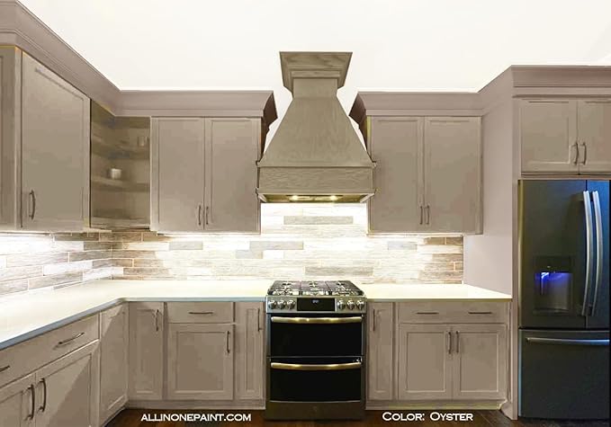 ALL-IN-ONE Paint, Durable cabinet and furniture paint. Built in primer and top coat, no sanding needed. Includes our 30 featured color card - Oyster (taupe), Quart