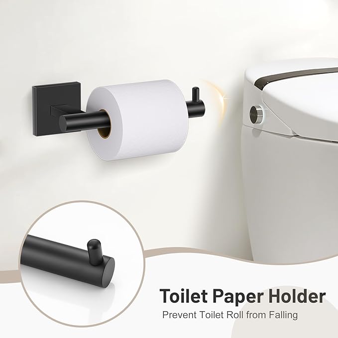 5 Pieces Bathroom Hardware Set Matte Black Towel Bar Set Includes 23.6” Towel Bar, Towel Ring Holder, Toilet Paper Holder and Two Towel Hooks, Bathroom Accessories Set SUS304 Wall Mounted