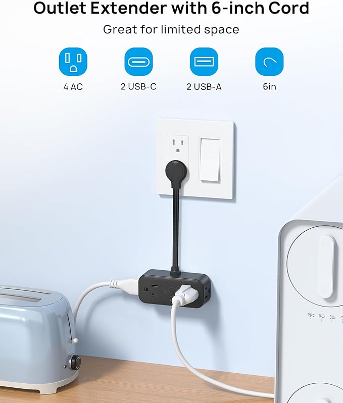 TROND Outlet Extender with 6 Inch Cord, Multi Plug Wall Outlet with 4 Electrical Sockets and 4 USB Ports, Wall Mountable, Flat Plug Adapter for Home Office Travel, Cruise Ship Essentials, Black