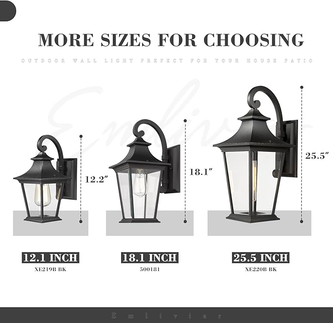 Emliviar Outdoor Porch Light, Modern Outside Wall Light Fixture for House Garage, Clear Glass in Black Finish, 12" Height, XE219B BK