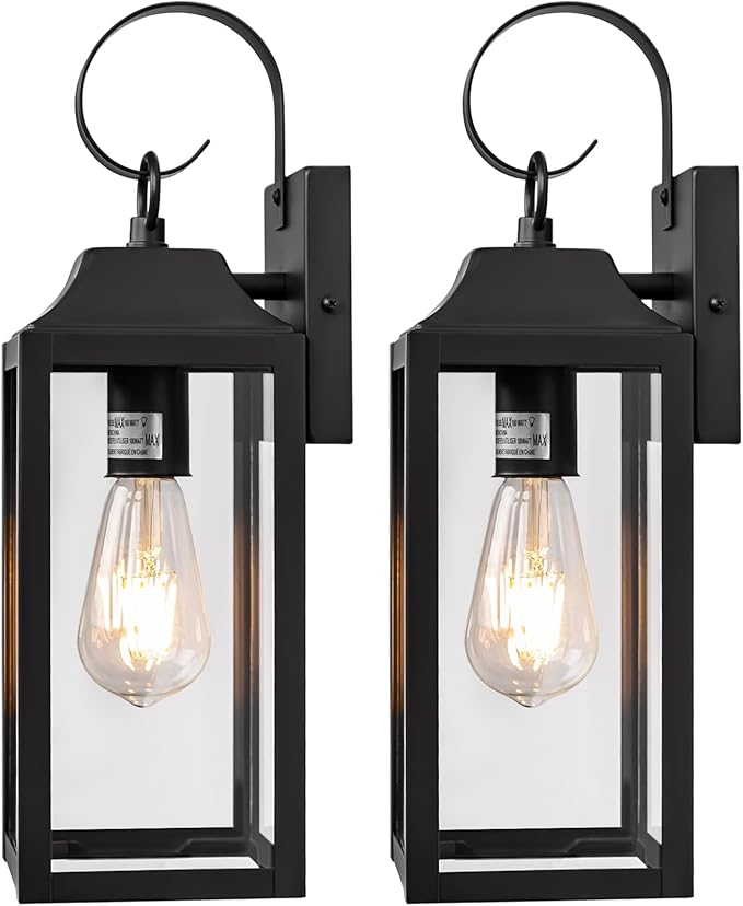 2 Pack Outdoor Light Fixtures Wall Mount, 15 Inch Black Exterior Wall Sconces Waterproof, Large Outside Lights for House, Modern Wall Lanterns Clear Glass