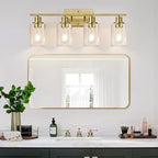 4 Light Bathroom Light Fixtures, Brass Vanity Lights for Bathroom with Clear Glass Shades, Modern Bathroom Wall Sconces for Mirror Living Room Cabinet